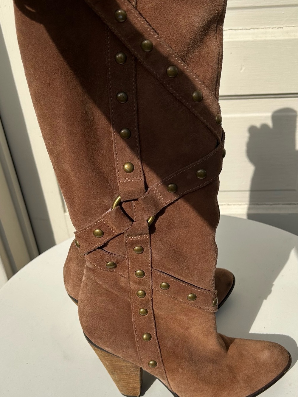 Women’s Brown Suede Studded Knee-High Boots - Picture 2 of 3
